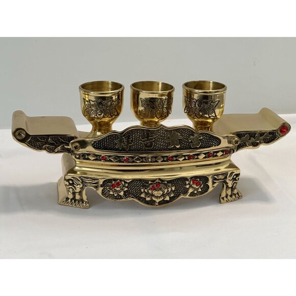 Antique Brass Offering Stand & Holder with Th & Holder With Three Ornate Cup - Picture 1 of 3